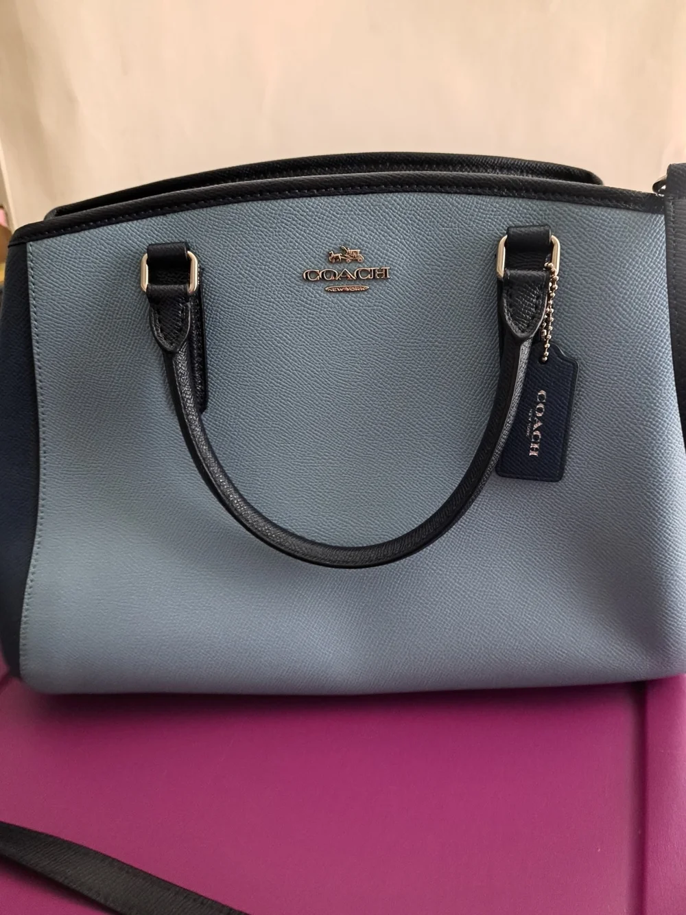 Coach‎ Margot Carryall Light Blue and Black Leather Satchel with Tag